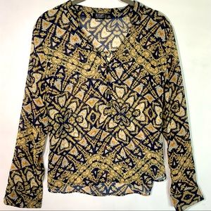 A.N.A. Navy & Gold Turk Tile Long Sleeve Blouse